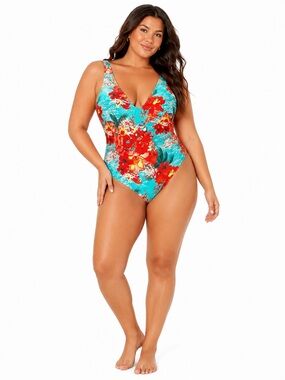 NWT Relleciga XXL Blue Floral One Piece Swimsuit Tropical Plunge High Cut